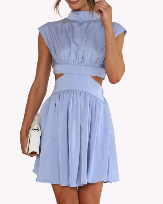 Solid Color Waistline Stand Collar Exposed Waist Mini Dress Lightblue