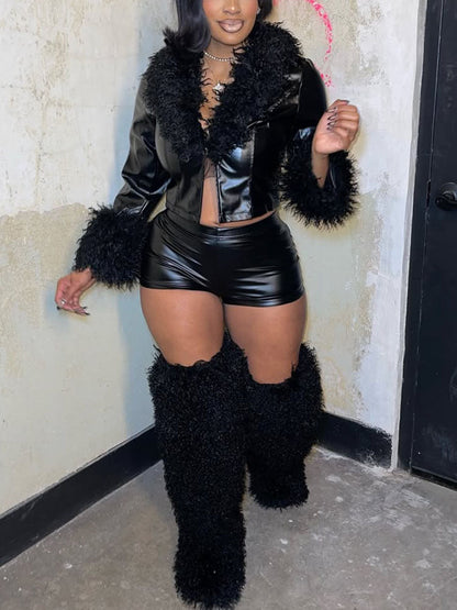 Leather Fur Trim Jacket & Pants Combo