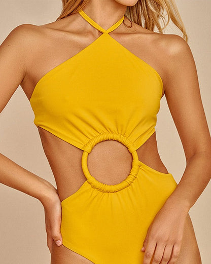 Solid Color Cutout Fashion One Piece Swimsuit Yellow