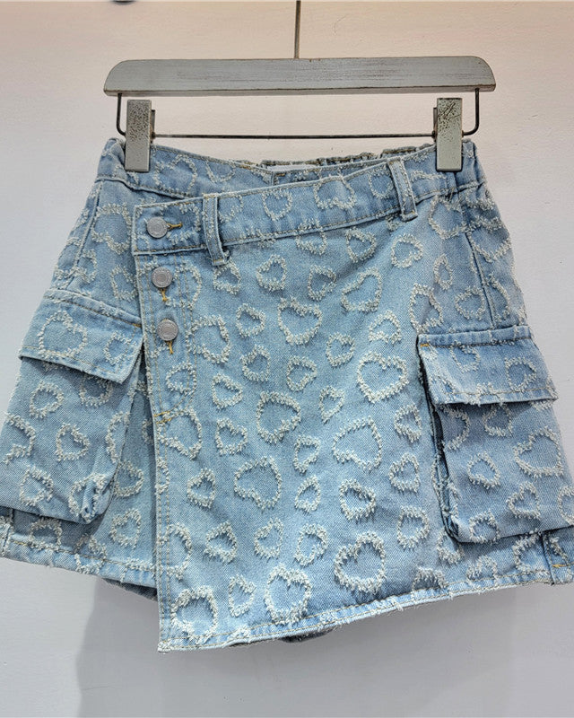 Jacquard Love Heart High Waist Loose Denim A-Line Shorts Skirt Lightblue