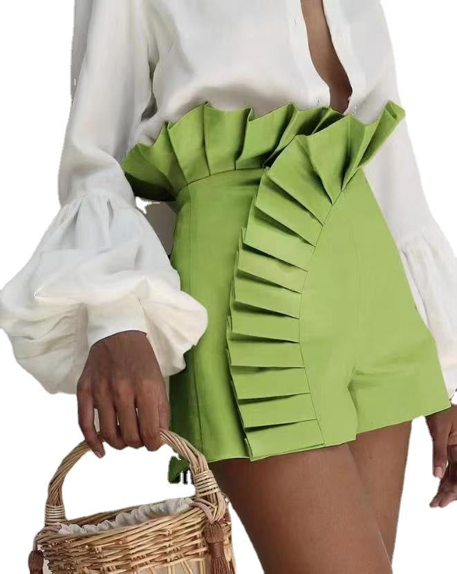 Asymmetric Pleated Zip Shorts Green