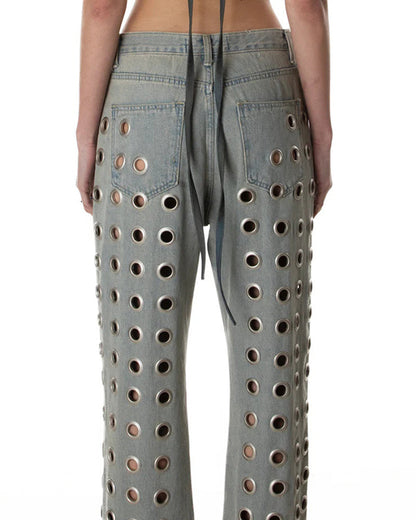 Retro Washed Eyelet Straight Denim Trousers (Pre-sale)