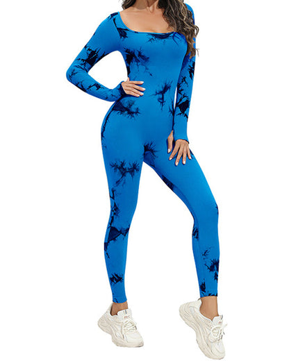 Tie Dye Square Neck Long Sleeve Athletic Seamless Yoga Bodysuit Blue