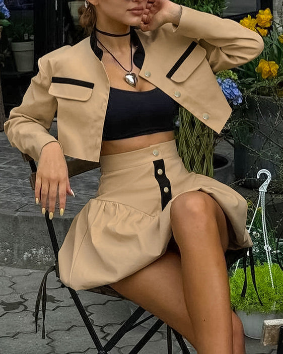 Windbreaker Lapel-Baring Bud Skirt Suit