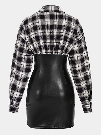V-Neck Plaid-Combo Faux-Leather Mini Dress