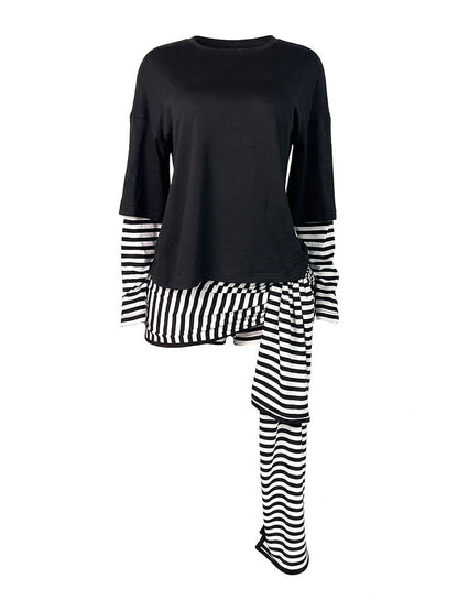 Layered Striped Top & Side-Tie Shorts Set