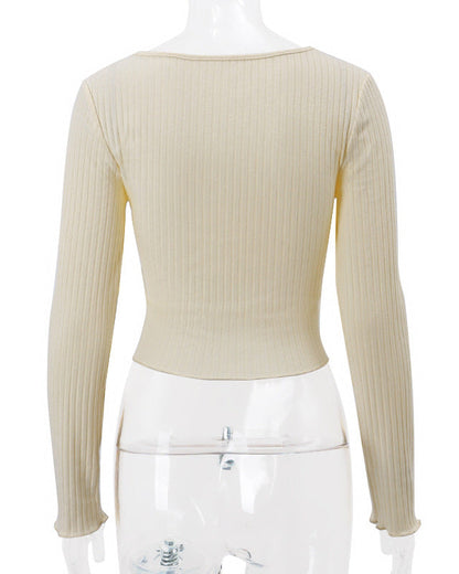 Navel-Baring Pitted Knitted Long-Sleeved Top