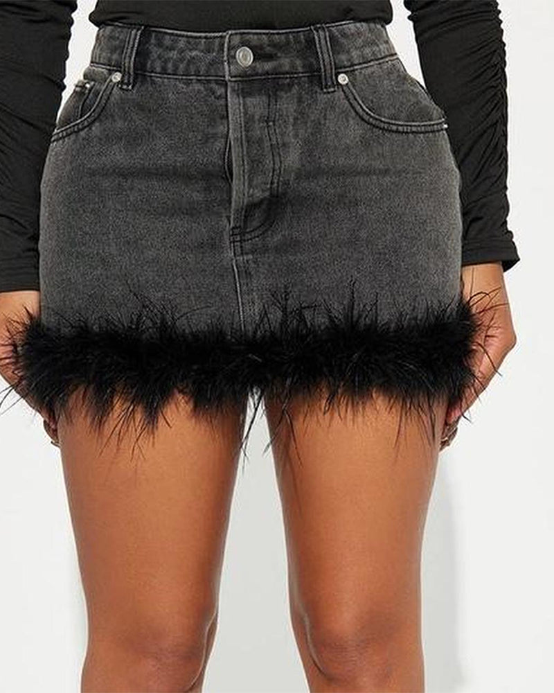 Furry Denim Skirt