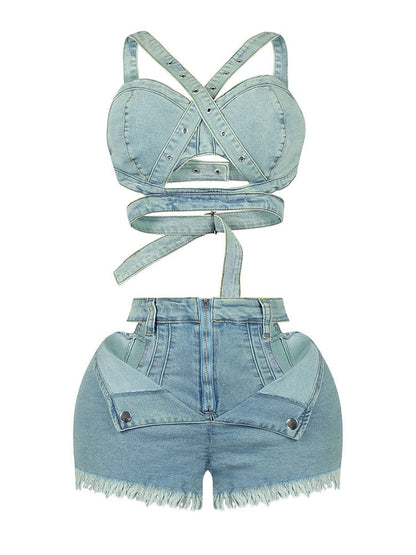 Denim Top & Cutout Shorts Set