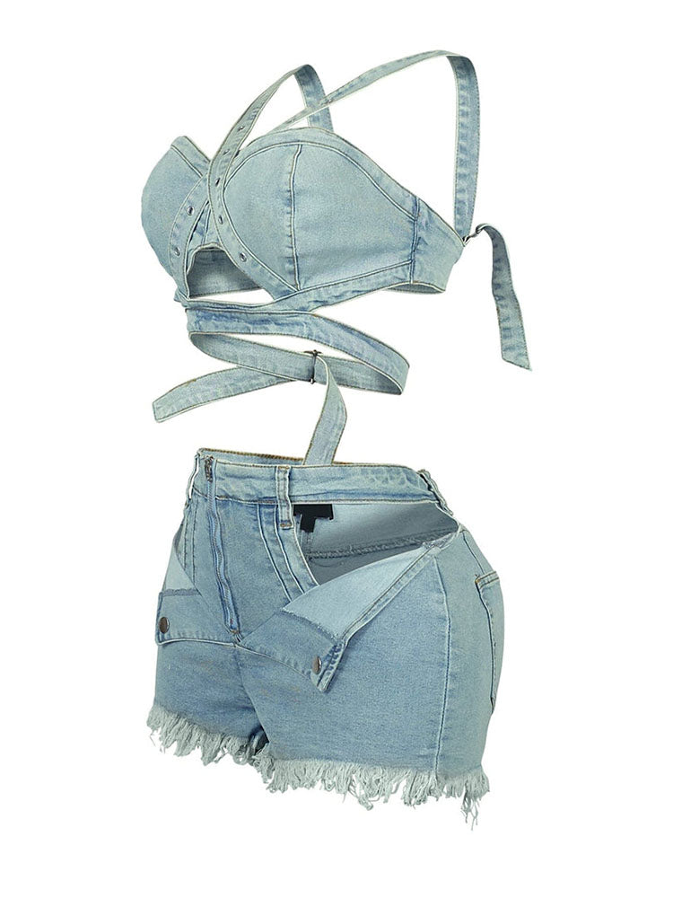 Denim Top & Cutout Shorts Set