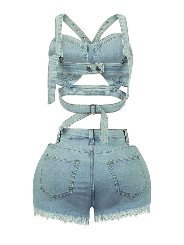 Denim Top & Cutout Shorts Set