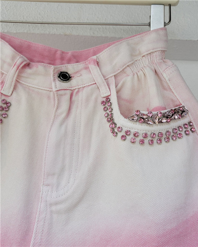 Diamond-Encrusted Colorblock Rolled Hem High-Waisted Wide-Leg Denim Shorts