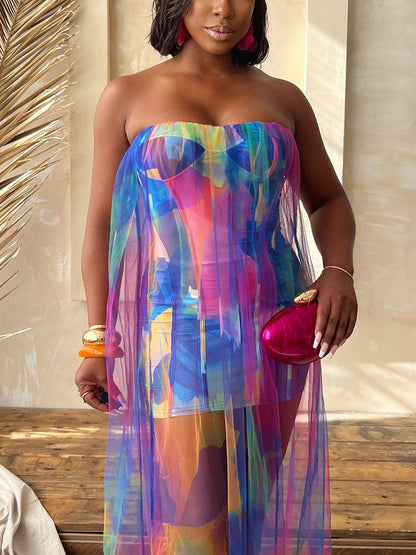 Vibrant Mesh Strapless Maxi Dress