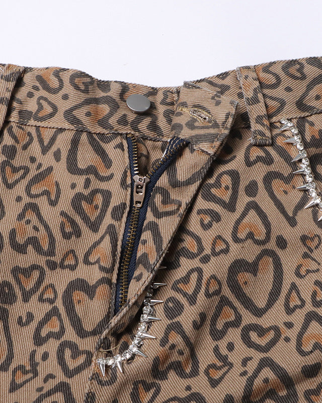 Leopard Print Diamond Straight Casual Trousers Women