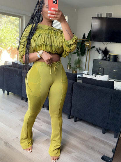 Washed Ruched Top & Flared Pants Set