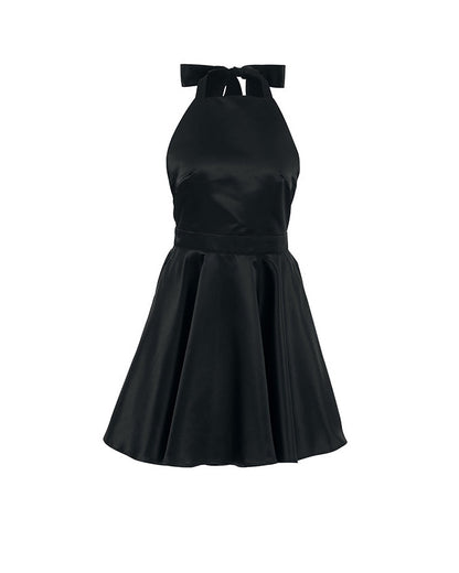 Satin Knotted Doule Pockets Open Back Pleated Mini Dress