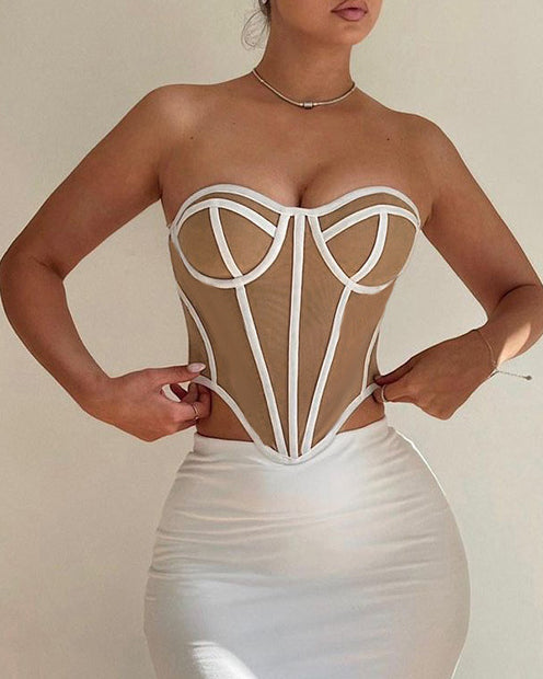 Slim Sexy Tube Top and Backless Contrast Color Corset Women White