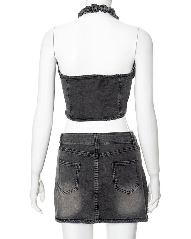 Halterneck Washed Sleeveless Denim Skirt