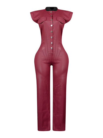 PU Button Down Jumpsuit