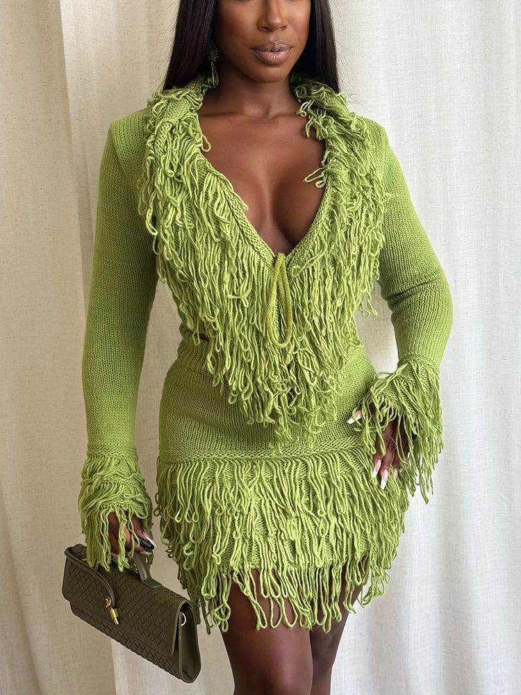 Fringe Knit Sweater & Skirt Set