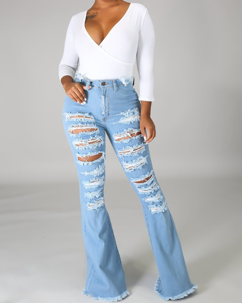 High-Waisted Broken Hole Flared Jeans