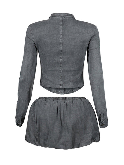 Denim Button Jacket & Bubble Skirt Set