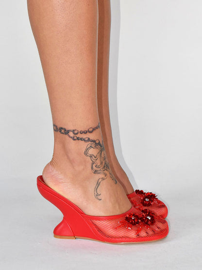 Floral Embroidered Mesh Wedge