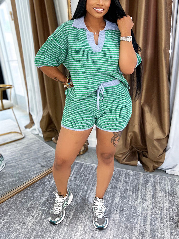 Striped Knit Shorts Set