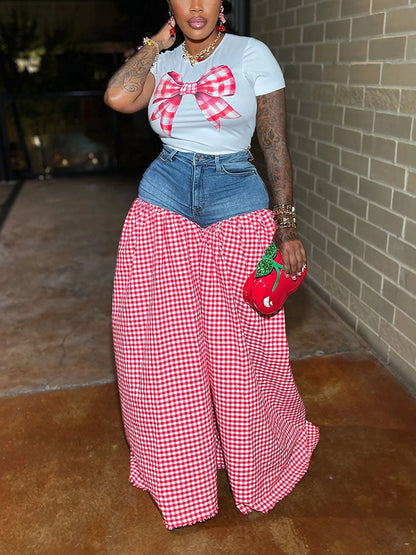 Bow Printed Top & Denim Gingham Pants Set