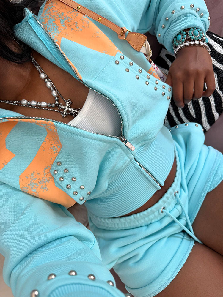 Studded Hoodie Jacket & Shorts Set