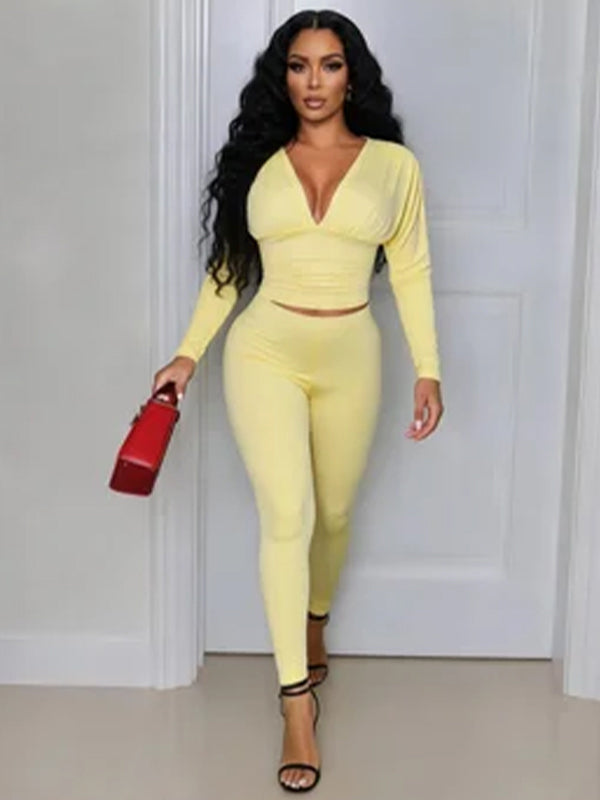 Solid V-Neck Top & Pants Set