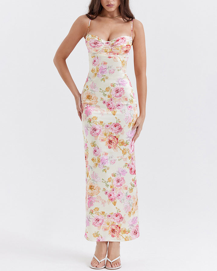 Printed Suspender Long Skirt Sexy Open Back Slit Holiday Style Floral Dress Ivory