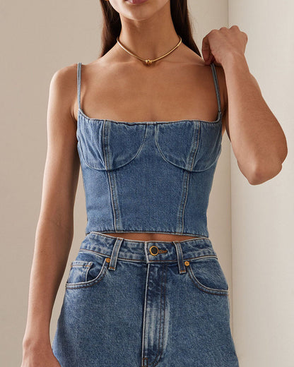 Retro Denim Tube Top Waist Slimming Sexy Vest Blue