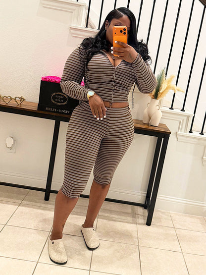 Striped Ribbed Hoodie & Capri Leggings Set