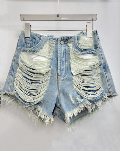 Ripped Beggar Cut-off Denim Shorts Lightblue