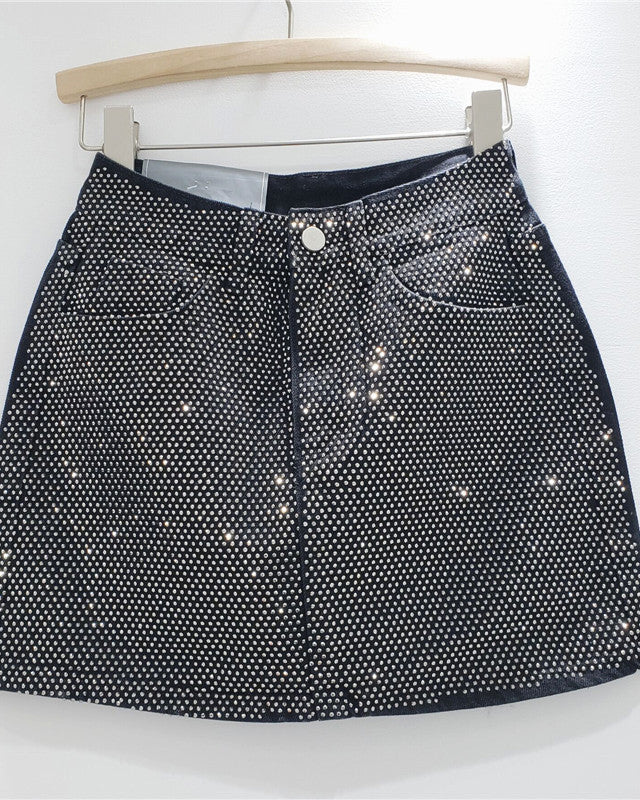 Hot Rhinestoned Denim Hip-Hugging Short Skirt Black