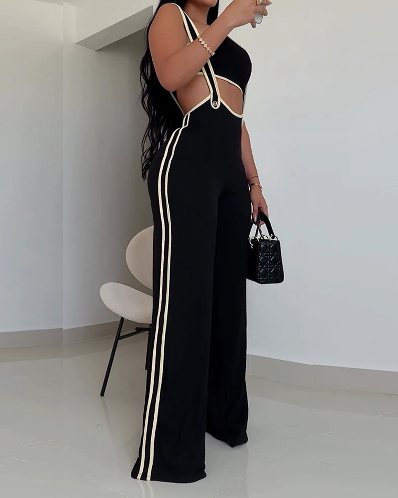 Contrast Color Knitted Hollow Jumpsuit Set (Pre-sale)