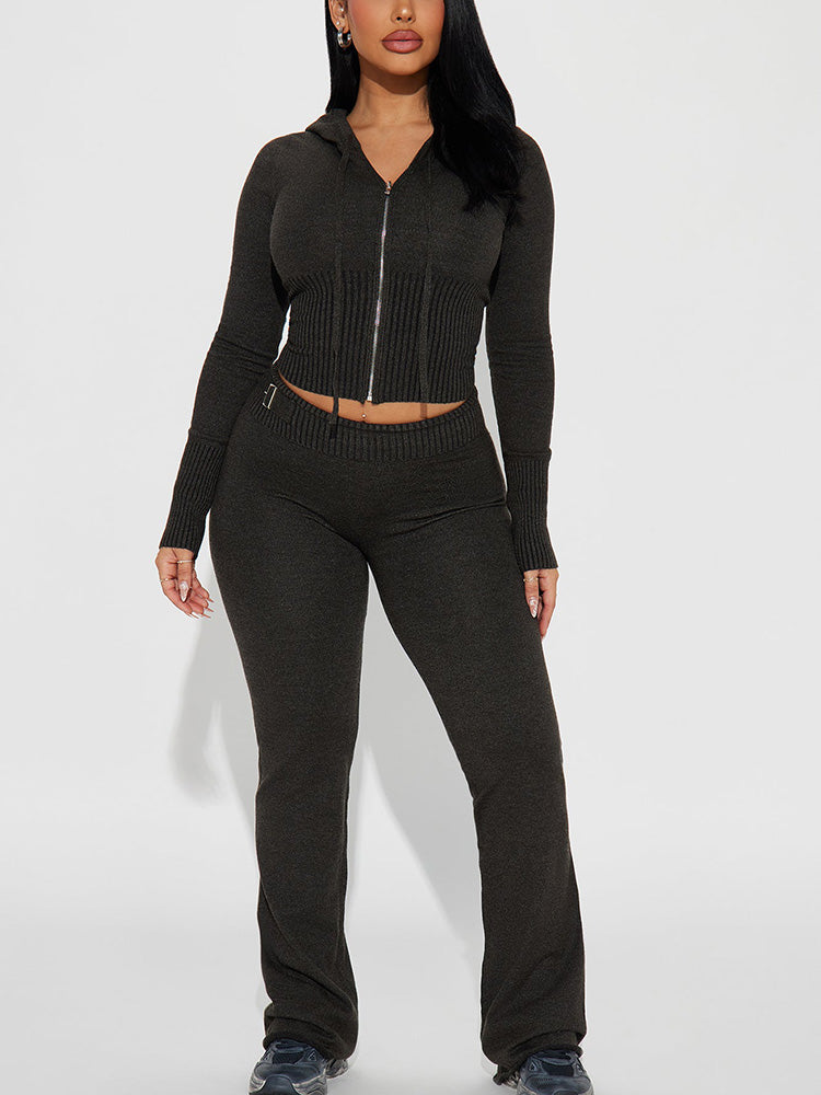 Knit Crop Hoodie & Flare Pants Set
