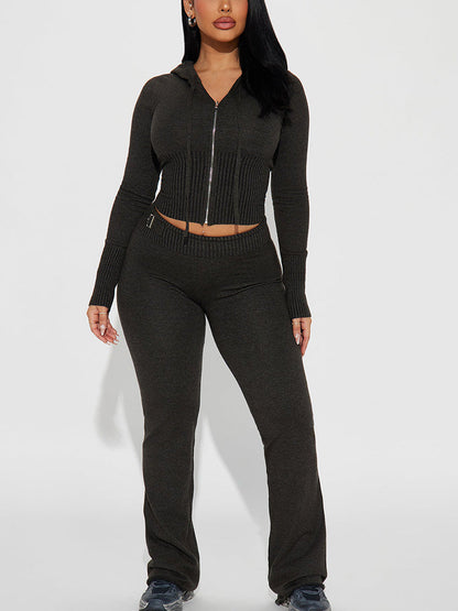 Knit Crop Hoodie & Flare Pants Set