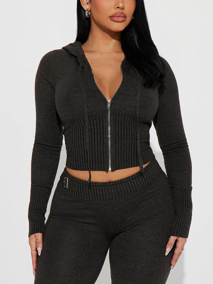 Knit Crop Hoodie & Flare Pants Set