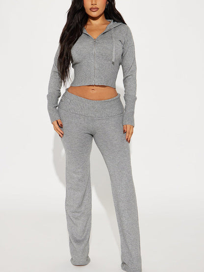 Knit Crop Hoodie & Flare Pants Set