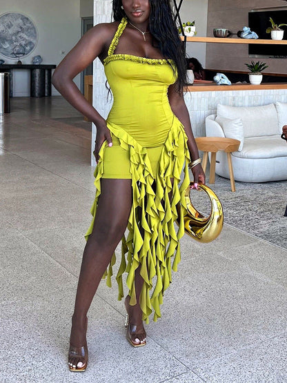 Ruffle Trim Halter Dress