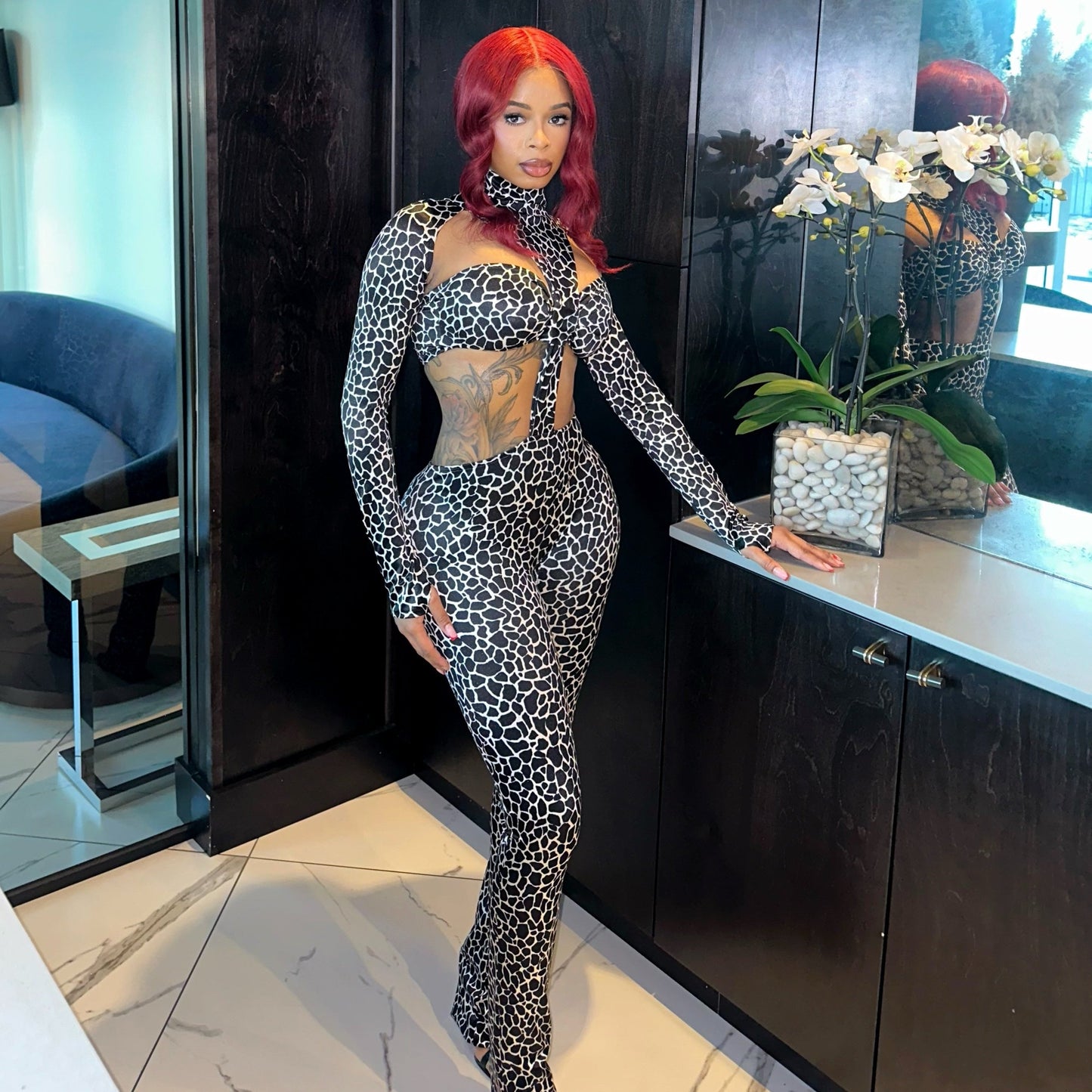 Animal Print Cutout Mock Jumpsuit