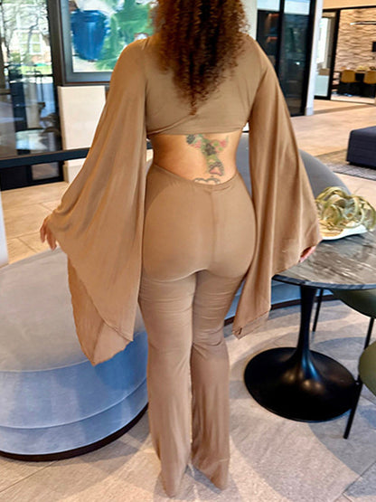 Solid Mesh Flare‑Sleeve Cutout Jumpsuit