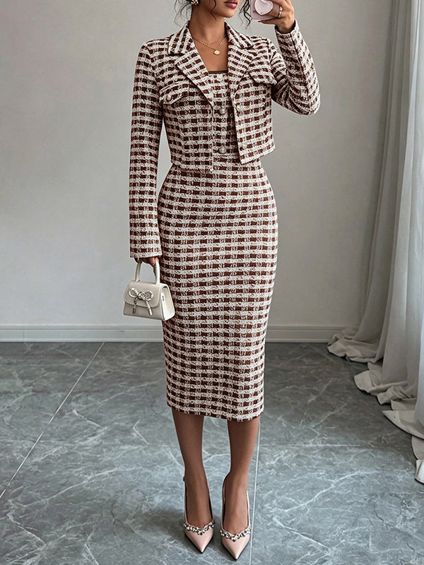 Houndstooth Cropped Blazer & Cami Dress Set