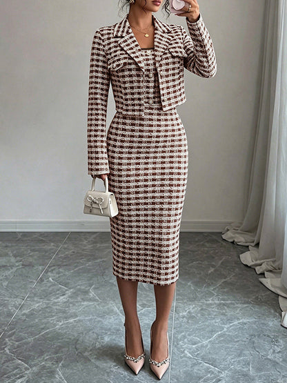 Houndstooth Cropped Blazer & Cami Dress Set
