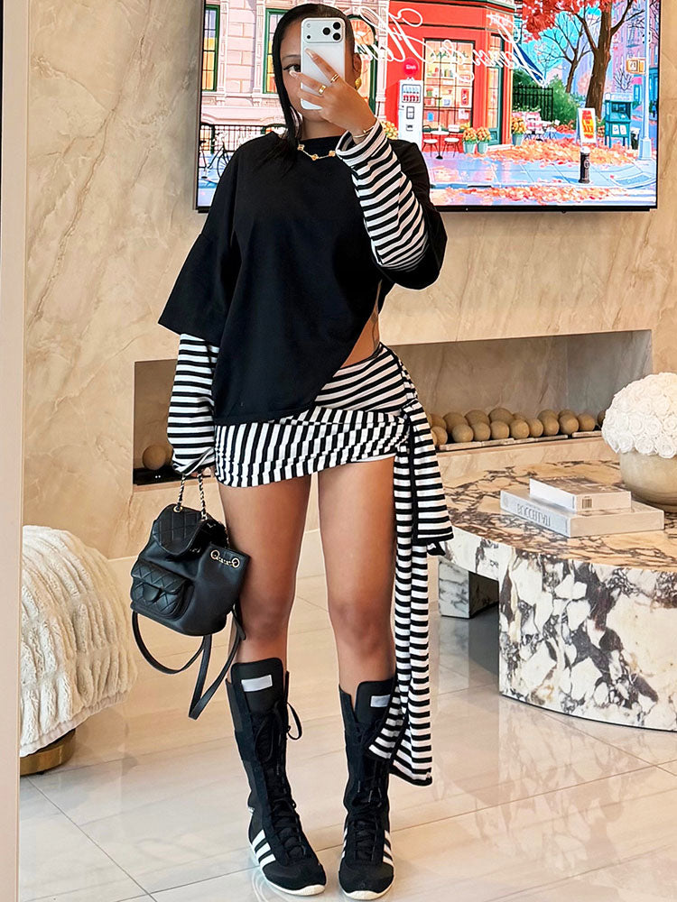 Layered Striped Top & Side-Tie Shorts Set
