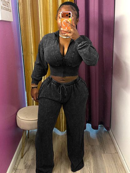Acid Wash Cropped Jacket & Wide Pants Set