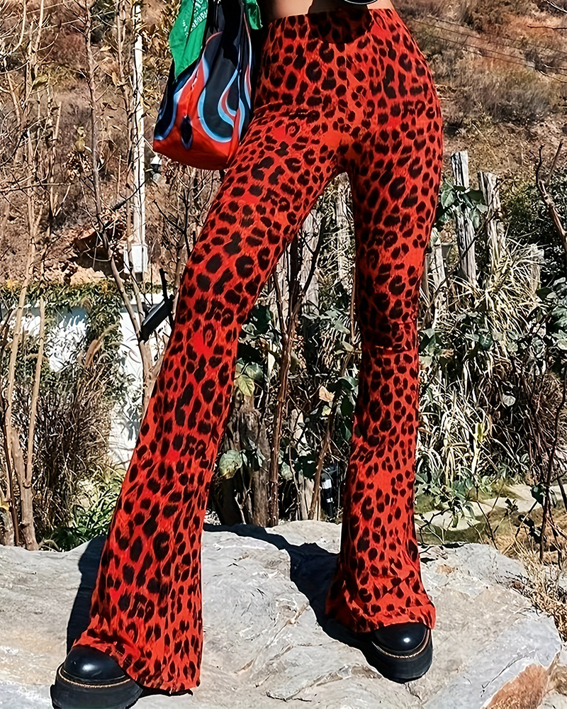 Slim-Fit Leopard Print Bootcut Trousers