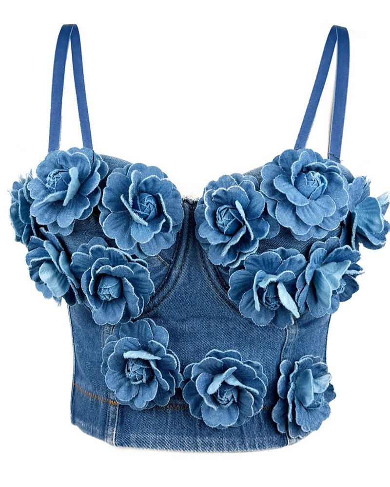 Beaded Flowers Denim Fishbone Corset